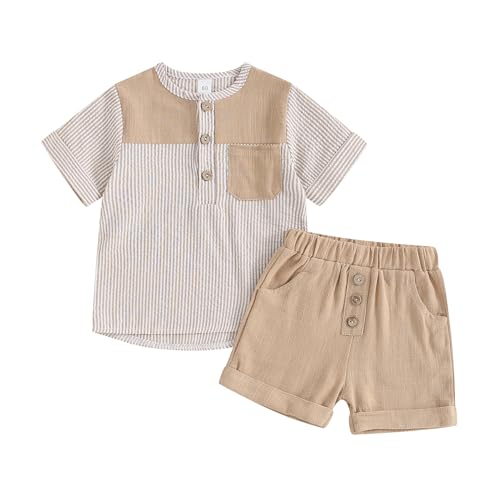 Image of Kupretty Baby Boy Summer Clothes Toddler Outfit Linen Short Sleeve Button T-Shirt Tees + Shorts Infant Clothing Set (E Khaki, 6-12 Months)