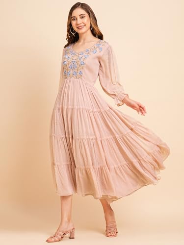 Image of RATAN Women's Floral Embroidered Puff Sleeve Chiffon Flared Tiered Kurta Gown Maxi Dress