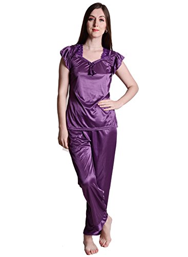 Image of Women's Soft & Smooth Satin Solid Nightwear Payjama Tikkle Night Suit Set