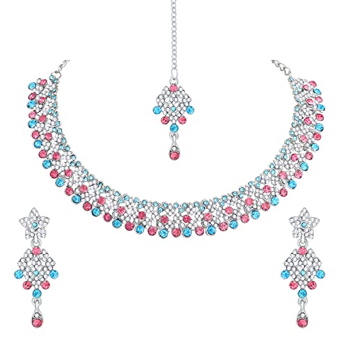 Image of Atasi International Splendid Silver Plated Alloy Choker Necklace Set for Women (PINK + AOUA BLUE)