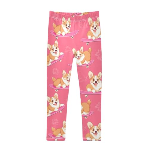 Corgi Skateboarding Girls Leggings,Workout Leggings for Girls Toddler Athletic Legging Size for 3-10T
