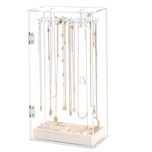 Amexo Soporte para Collares de Acrílico Organizador de Collares con 24 Ganchos de Rotación Organizador de Joyas de Acrilico con Caja de Terciopelo Soporte para Joyas Transparente para Collares Anillos