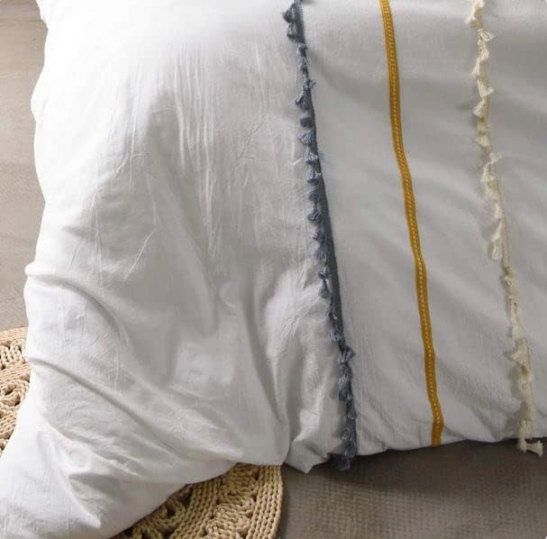 White Fringe Tufted Soft Tassel Duvet Cover Set 3 Pieces, Bohemian Cute Cotton Bedding Cover with Zipper Closure Modern Style for Men and Women (Twin XL 59" x 102", Pattern 1 White) image 2