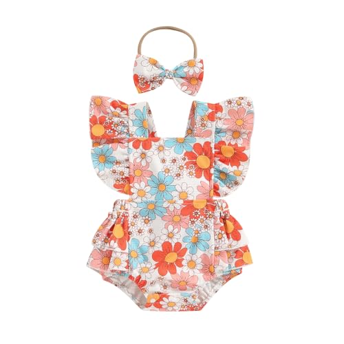 Image of Covvoliy ​Infant Baby Girl Summer Clothes Outfits Cute Print Fly Sleeve Romper Jumpsuit Bodysuit with Headband
