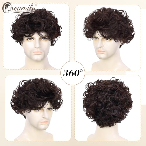 Image of Creamily Curly Hair Wig for Men, Male Wigs That Look Real,Artificial Fake Hair for Men,Short Full Wig for Man Synthetic Wigs for Boys for Daily Party Use (Brown, 8 Inches)