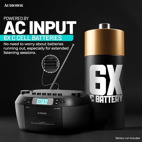 Audiobox Portable CD & Cassette Player, Bluetooth 5.3 Boombox, AM/FM Radio, USB, MicroSD, AUX Input, Dual, with Remote Control – Black