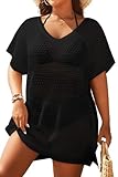 Yonique Plus Size Swimsuit Cover Up - Crochet Swim Cover Up 2025 Bathing Suit Short Sleeve Beach Dress Black 22W