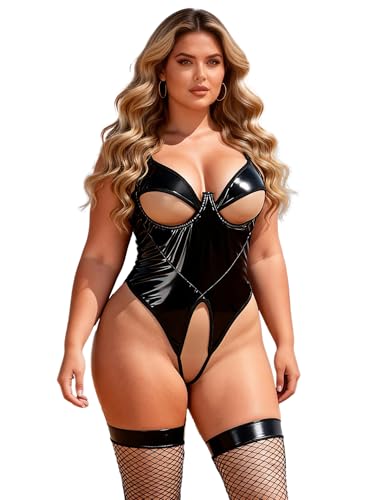 ohmydear Lederbody Damen Ouvert PU-Leder Bodysuit mit Bügel Sexy Body Dessous Teddy Unterwäsche V-Ausschnitt Catsuit Reizwäsche Clubwear Nachtwäsche S-2XL