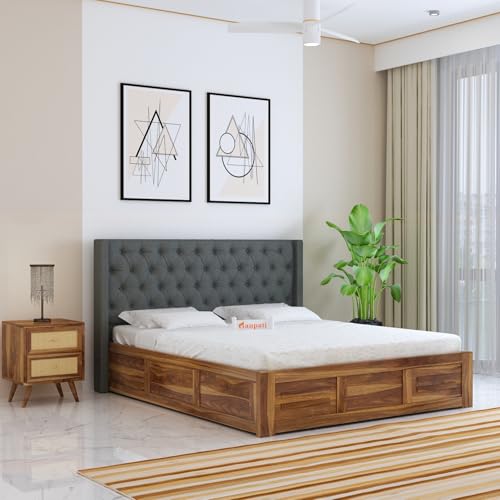 Image of Ganpati Arts Solid Sheesham Wood Swiss Queen Size Bed with Box Storage and Fabrio Style Tar Upholstered Headboard | Wooden Double Bed Cot Palang Furniture for Bedroom, Guest Room, Hotels, Home (Teak)