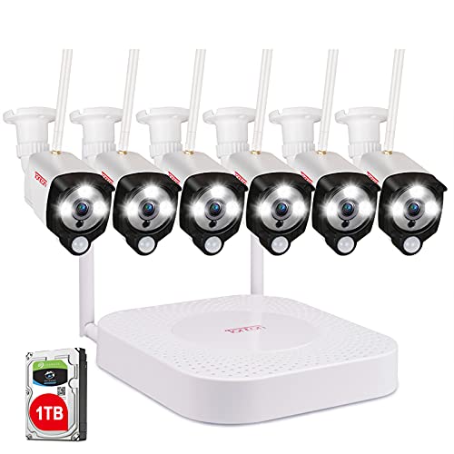[3MP&2 Way Audio] Tonton HD Security Camera System Wireless,8CH 5MP NVR with 1TB HDD and 6PCS 3MP Outdoor Bullet Cameras with PIR Sensor,Floodlight,Plug and Play,Easy Installation(White)