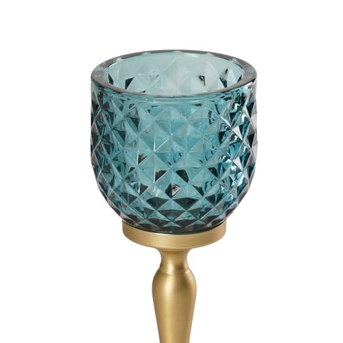 Image of Pure Home Teal Diamond Cut Hurricane - Small | Size: 9X9X21CM | Premium Hurricanes for Home Decor | Table Top & Shelf Decor Showpiece | Ideal for Diwali & Festive Gifting | Perfect for Living | Pack of 1