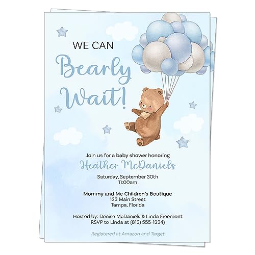 We Can Barely Wait Baby Shower Invitation Sweet Teddy Bear Balloon Invites Watercolor Boy Gray Silver Printed Cards Customized Personalized Cards (12 Count)