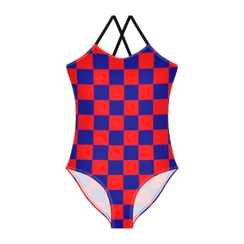 Image of Black and White Chess Girls One Piece Swimsuits Board Marble Tile Sport Halter Swimwear Beach Bathing Suit 3T