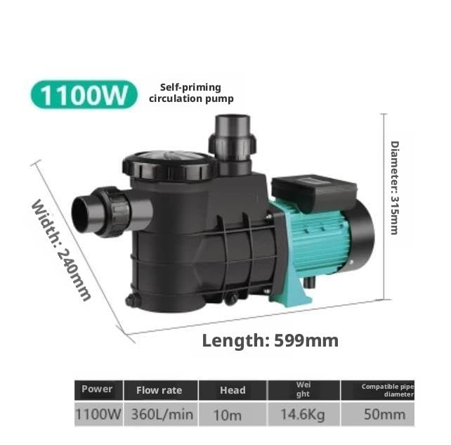 Bomba de agua autocebante para piscina de 1100W, bomba de circulación de alto flujo de 360L/min para piscina, estanque Koi, acuario, tanque de agua de mar