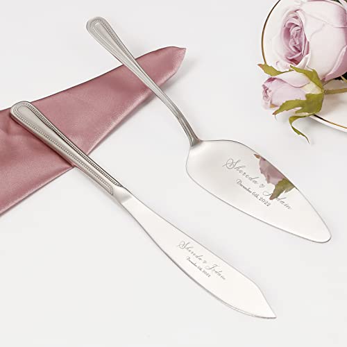 Cake Cutting Set for Wedding, Personalized Wedding Cake Knife and Server Set, Vintage Engraved 2-Piece Pie Pizza Cutter Serving Set, Custom Bridal Anniversary Birthday Quinceañera Gift(Silver)