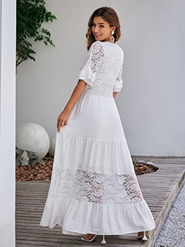 Simplee Women V Neck Formal Lace Maxi Dress Ruffle Flowy Short Sleeve Boho Wedding Guest Long Dress4