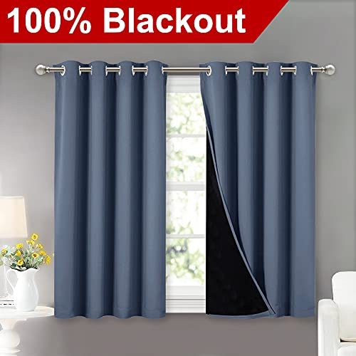 Image of NICETOWN 100% Blackout Curtains with Black Liners, Thermal Insulated Full Blackout 2-Layer Lined Drapes, Energy Efficiency Window Draperies for Boy's Room (Stone Blue, 2 Panels, 52-inch by 45-inch)