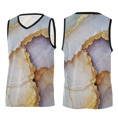 Camiseta de baloncesto unisex de primera calidad para hombres/mujeres/jóvenes, blanco, amarillo (Marble White Yellow), Medium