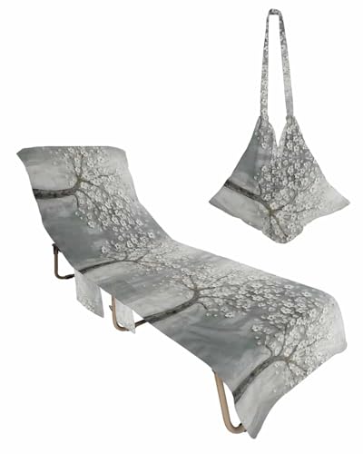 Grey Flowers Beach Lounge Chair Towel Cover, Soft Chaise Lounge Towel with Side Pockets Patio Pool Chairs Cover for Beach/Pool Sunbathing 29x85 Spring Floral Modern Oil Painting Art