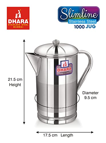 Image of Dhara Stainless Steel 1L Water Jug with Lid, Slim Steel Jug for Dining Table Water Serving, Leakproof, Rust Resistant Easy Pour Slimline Pitcher
