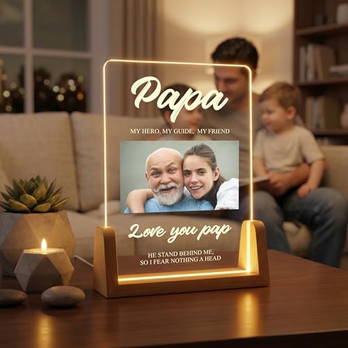 Image of Giftplease Personalized Rectangular Acrylic Wood Photo Frame | Warm LED Light Base Custom 1 Picture Horizontal Script Night Decor for Father Papa Husband | Fathers Day Best Dad Birthday Tabletop