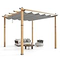 10x10 Aluminum Pergola with Adjustable Louvered Roof & Retractable Canopy, Heavy Duty Outdoor Patio Gazebo with Double Shade Cover, Wood Grain Metal Pergola for Backyard, Deck, Garden – Easy Assembly
