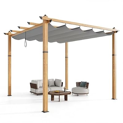 10x10 Aluminum Pergola with Adjustable Louvered Roof & Retractable Canopy, Heavy Duty Outdoor Patio Gazebo with Double Shade Cover, Wood Grain Metal Pergola for Backyard, Deck, Garden – Easy Assembly
