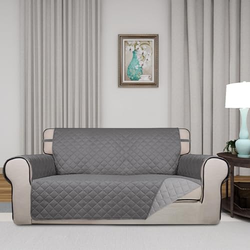 Image of PureFit Reversible Quilted Sofa Cover, Water Resistant Slipcover Furniture Protector, Washable Couch Cover with Non Slip and Elastic Straps for Kids, Dogs, Pets (Oversized Loveseat, Gray /Light Gray)