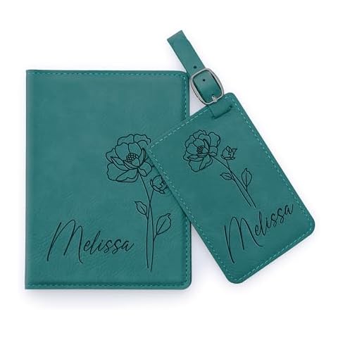 Personalized Leather Passport Cover Holder and Luggage Tag Set for Women with Flower Birth and Name, Custom Engraved Passport Cover Suitcase Tag with Name | Teal Cover