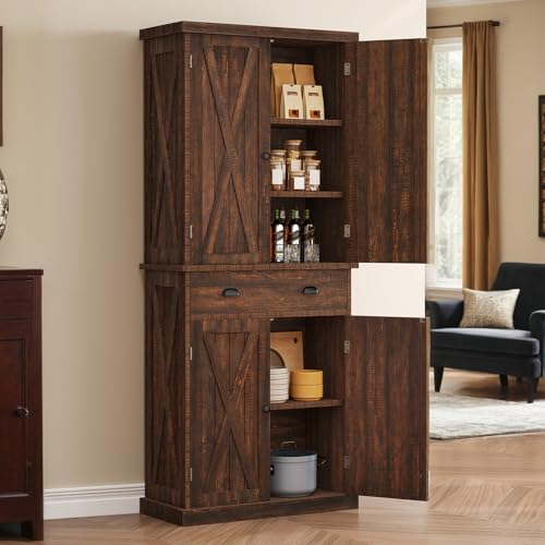 DWVO 72'' Farmhouse Kitchen Pantry, Rustic Wood Kitchen Storage Cabinets with Adjustable Shelves & Drawer, Tall Freestanding Cupboard for Dining Room, Living Room, Drak Brown