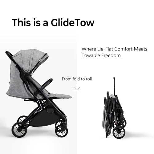 Image of newyoo GlideTow TR18M Compact Travel Stroller, Baby Stroller with Retractable Handle, Cup Holder, One-Hand Quick Fold, Near Flat Recline Seat, Light Gray