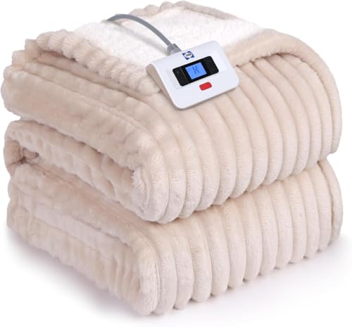 Sealy Electric Blanket Twin Size, Soft Ribbed Flannel to Sherpa Reversible Heated Blanket with 10 Heat Settings & 1 to 12 Hours Auto-Off Overheat Protection Machine Washable, 62