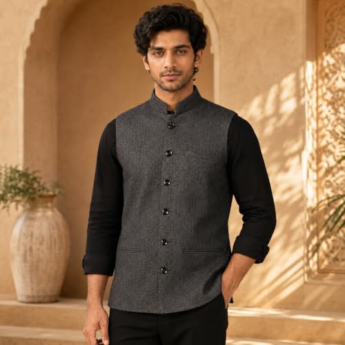 Image of Vastraa Fusion Men's Blue & Grey Chequered Woolen Blended Festive Nehru Jacket /Waistcoat