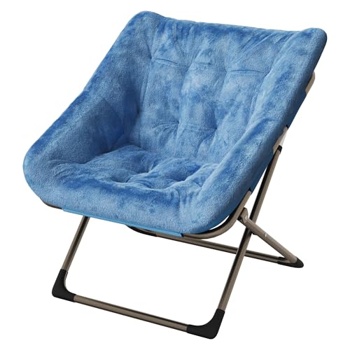 Garvee Silla Plegable Tipo Luna para Adultos, Sillón Lounge Cómodo con Estructura De Acero y Pelo Sintético Suave, Sin Montaje, para Salón, Dormitorio o Apartamento, Azul