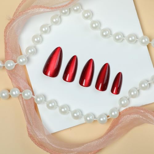 yefiuo Press on Nails Short Almond Red Cat's Eye Glitter
