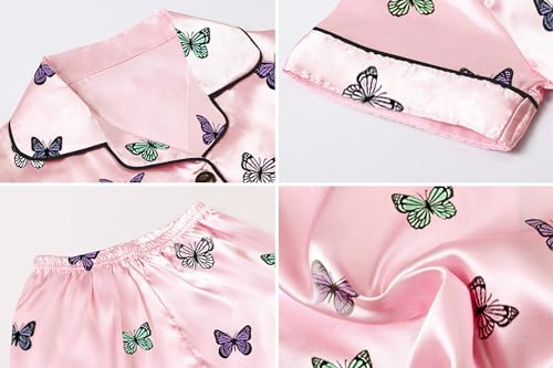 Image of Umeyda Women & Girls Pajamas Set, 2 Piece PJS Satin Silk Sleepwear Button-Down Top with Shorts for Mom Kids Gifts