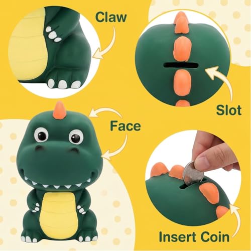 Dinosaur Piggy Bank, Unbreakable Plastic Money Coin Bank, Cute First Coin Saving Box for Birthday, Easter, Baby Shower, Home Decoration, Deep Green - Image 5