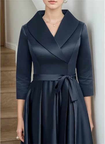 Satin A Line Formal Dresses for Women V Neck 3/4 Sleeves Tea Length Wedding Guest Dresses with Pockets4