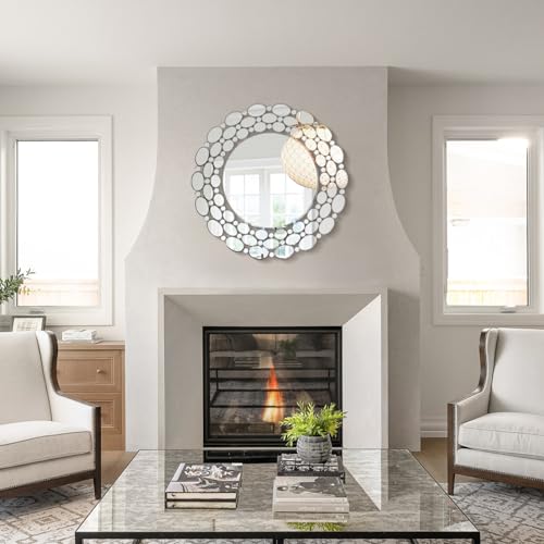 Image of 32 inch Large Round Wall Mirrors, Modern Silver Mirror for Wall Decor, Elegant Decorative Mirror for Entryway, Living Room, Bedroom, Bathroom, Dining Room