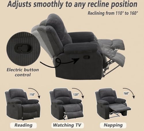 Image of Manual Recliner Chair, Oversized Corduroy Fabric Single Sofa, Grey | Manual Recliner Chair, Single Corduroy Reclining Chair, Breathable Fabric,Adjustable Backrest