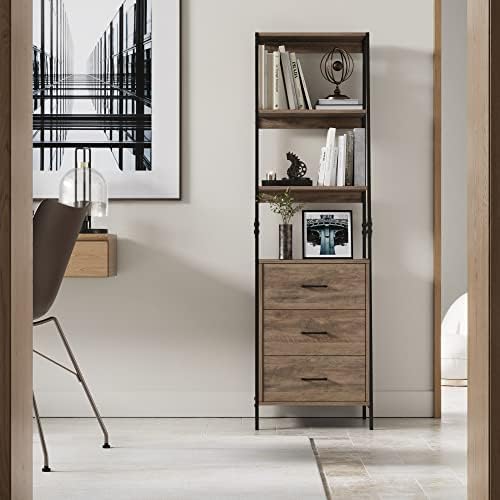 HOCSOK Bookcase, Industrial Shelving Unit with Metal Frame and 3 Drawers, Bookshelf for Living Room, Office, Rustic Brown and Black