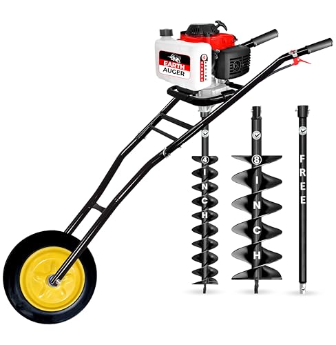 Image of DVI 142CC Trolley Earth Auger Machine, 4-Stroke Petrol Engine - with 4 Inch + 8 Inch Double Spiral Planter Bits & Free Extension Rod | for Plantation, Fencing & Post Hole Digging in All Soil Types.