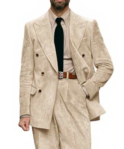 2 Piece Suede Suits for Men Slim Fit Business Suit Set Men's Double Breasted Retro Blazers Pants for Wedding Prom Party