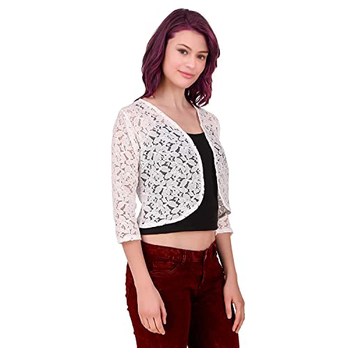 Image of Women Lace Open Front Stylish Crop Shrug with Three Fourth Sleeves for Office Wear, Casual Shrug
