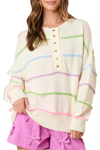 Casual and Cozy White Sweater with Vibrant Rainbow Stripes and Henley Neckline | (US 8-10) M