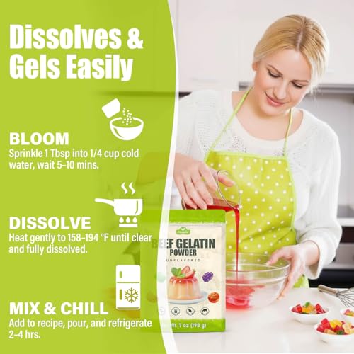 Beef Gelatin Powder Unflavored, 7 oz/198 g Grass Fed Gelatin Powder, Premium Thickening Agent, Gluten & Sugar Free, for Gummies, Jello, Baking, Cooking, Drinks