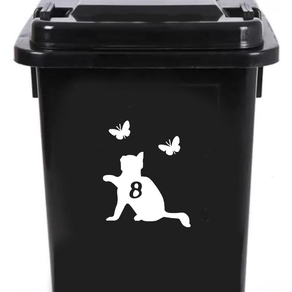Cute Cat Chasing Butterflies Waterproof Wheelie Bin Stickers, Vinyl Material, Gifts for Cat Lovers