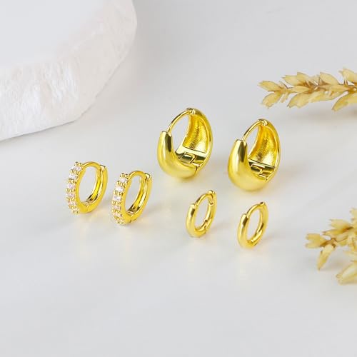 3 Pair Small Gold Hoop Earrings Set for Women, Huggie Hoop Earrings Earring Stack Helix Jewelry as Gold Earrings for Multiple Piercing, Tiny Stud Earrings as Cute Jewelry for Woman Daily Wear2