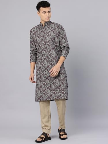 Image of Majestic Man Men's Regular Fit Ethnic Motifs Printed Pure Cotton Long Kurta with Mandarin Collar & Full Sleeves