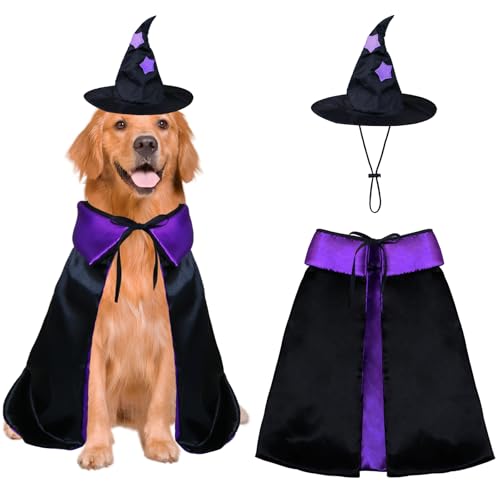 PAYHTOW Dog Halloween Costumes Dog Witch Costume Funny Pet Witch Cloak Cape Wizard Hat Holiday Outfit Clothes Halloween Costumes for Small Medium Large Dogs Pets (Large)
